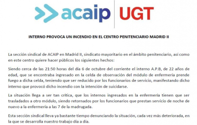 Un interno prende fuego a su celda en el CP Madrid 2