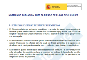 Normas de actuaci&oacute;n ante el riesgo de plaga de "chinches"