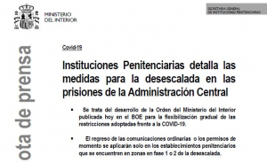 Nota de prensa de la SGIIPP sobre desescalada en prisiones.