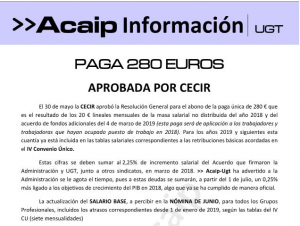 Aprobada por la CECIR paga unica de 280&euro; al para personal laboral.- Atrasos