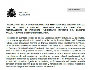 Convocatoria facultativos interinos sanidad penitenciaria
