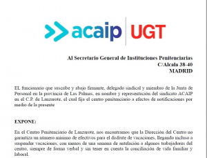 Queja ante el Secretario General II.PP vacaciones en C.P Tahiche