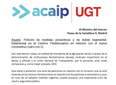 Acaip-Ugt solicita medidas urgentes al Ministro del Interior y Sanidad