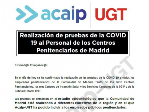 Realizaci&oacute;n pruebas COVID 19 Personal centros penitenciarios de Madrid