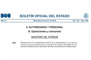 Resoluci&oacute;n de 21 de diciembre de 2018, de la Subsecretar&iacute;a, por la que se convoca concurso general para la provisi&oacute;n de puestos de trabajo en los Servicios Perif&eacute;ricos de la Secretar&iacute;a General de Instituciones Penitenciarias