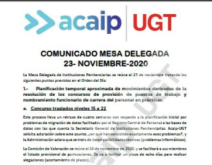 Comunicado reuni&oacute;n Mesa Delegada II.PP (23/11/20)