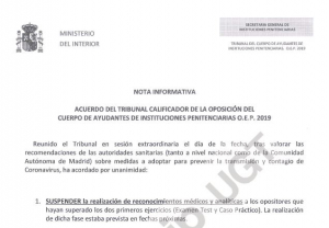 Suspendida prueba m&eacute;dica Ayudantes OEP 2019