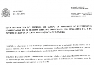 Nota de corte primer examen Cuerpo de Ayudantes