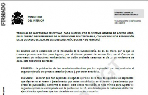 Resoluci&oacute;n  segundo ejercicio al Cuerpo de enfermer@s II.PP