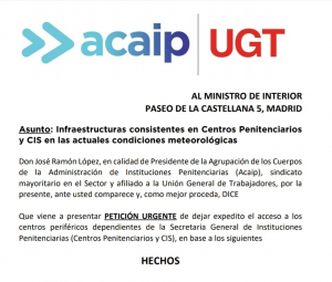 Petici&oacute;n urgente Ministerio Interior acceso a Centros por Filomena